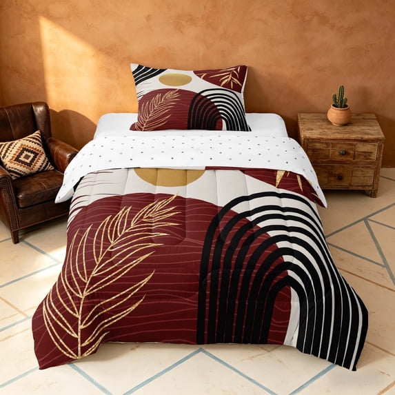 Manfei Boho Sun and Leaf Twin Comforter Sets, Mid Century Geometric Bedding Set, Red and Gold, Reversible 2-Piece, 1 Comforter and 1 Pillowcase