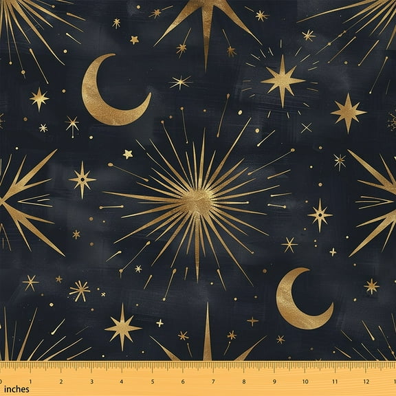 Manfei Boho Sun and Moon Sewing & Crafting Fabric (1 Yard), Glitter Stars Home Decor Fabric by the Yard, Mystic Outer Space DIY Fabric