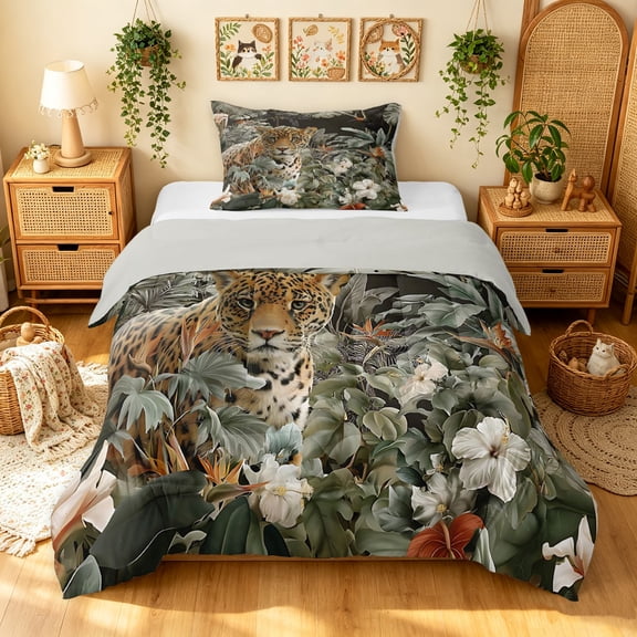 Manfei Boho Tiger Twin Comforter Sets, Western Floral Leaf Bedding Set, Brown Green, Gray Reversible, 2 Pieces, 1 Comforter and 1 Pillowcase