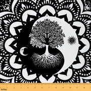 Manfei Boho Tree of Life Sewing & Crafting Fabric 1 Yard, Bohemian Mandala Home Decor Fabric by the Yard, Yin and Yang Sun Moon Fabric by the Yard