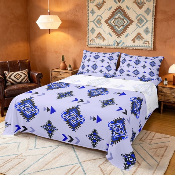 Manfei Boho Tribal Diamond Bed Sheets, Aztec Arrow Fuul Size Sheets, Blue Black Light Purple, Polka Dots Reversible 4 Pieces1 Flat Sheet + 1 Fitted Sheet + 2 Pillowcases