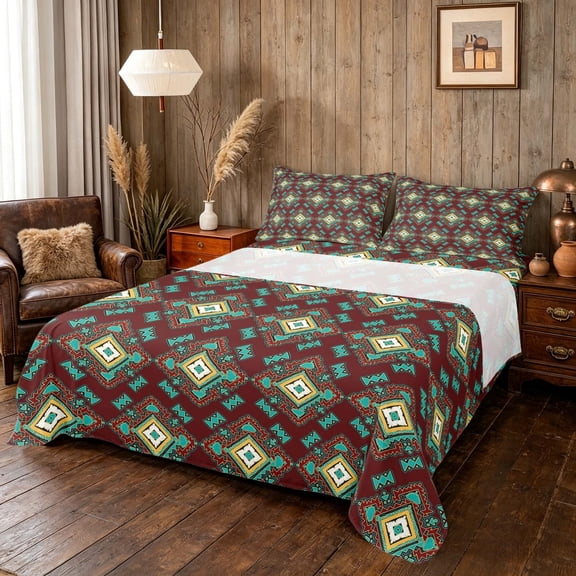 Manfei Boho Tribal Diamond Bed Sheets, Ornate Geometric Aztec Fuul Size Sheets, Red Teal Yellow, Black Reversible 4pcs1 Flat Sheet + 1 Fitted Sheet + 2 Pillowcases