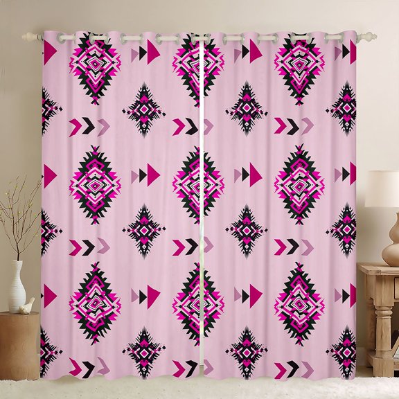 Manfei Boho Tribal Diamond Blackout Curtains Set of 2 (52x84 Each), Aztec Arrow Curtain, Pink Black Light Pink