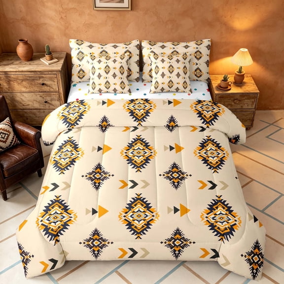 Manfei Boho Tribal Diamond Full Size Bedding Sets, Aztec Arrow Full Size Bed in a Bag, Orange Black Beige, Polka Dots Reversible 7-Piece
