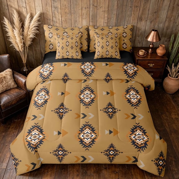 Manfei Boho Tribal Diamond King Bedding, Aztec Arrow King Bed in a Bag, Brown Black Tan, Black Reversible 7pcs