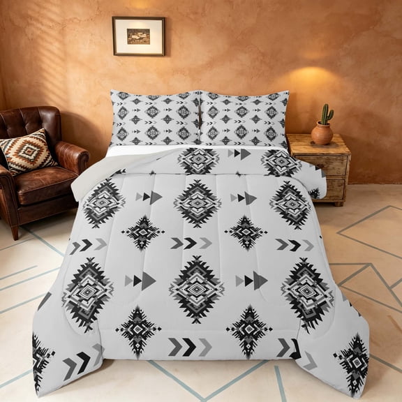 Manfei Boho Tribal Diamond Queen Comforter Set, Aztec Arrow Comforter Sets Queen, Gray Black White, Gray Reversible 3-Piece, 1 Comforter and 2 Pillowcases