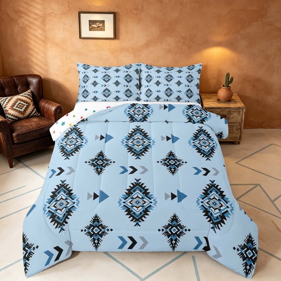 Manfei Boho Tribal Diamond Queen Comforter Set, Aztec Arrow Comforter Sets Queen, Light Blue Black Gray, Polka Dots Reversible 3pcs, 1 Comforter and 2 Pillowcases