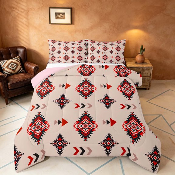 Manfei Boho Tribal Diamond Queen Comforter Set, Aztec Arrow Comforter Sets Queen, Red Black Beige, Pink Reversible 3-Piece, 1 Comforter and 2 Pillowcases