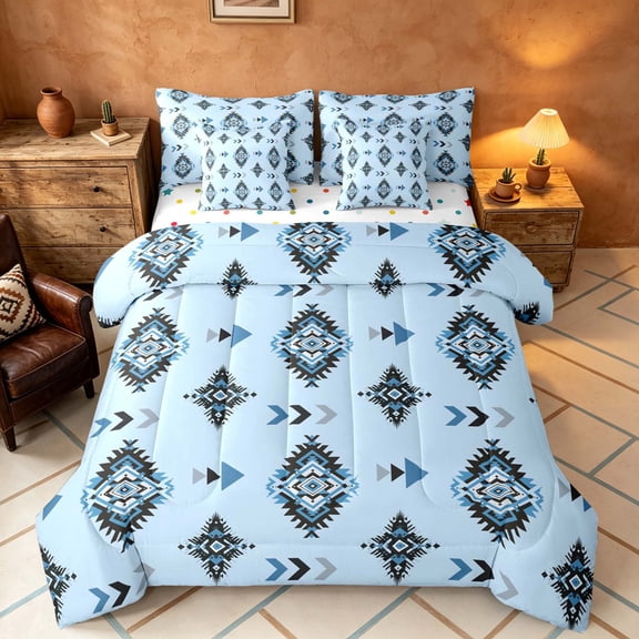 Manfei Boho Tribal Diamond Twin Bedding, Aztec Arrow Bedding Comforter Set, Light Blue Black Gray, Polka Dots Reversible 7 Pieces