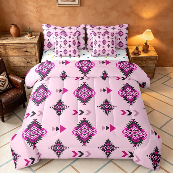 Manfei Boho Tribal Diamond Twin Bedding, Aztec Arrow Bedding Comforter Set, Pink Black Light Pink, Polka Dots Reversible 7 Pieces