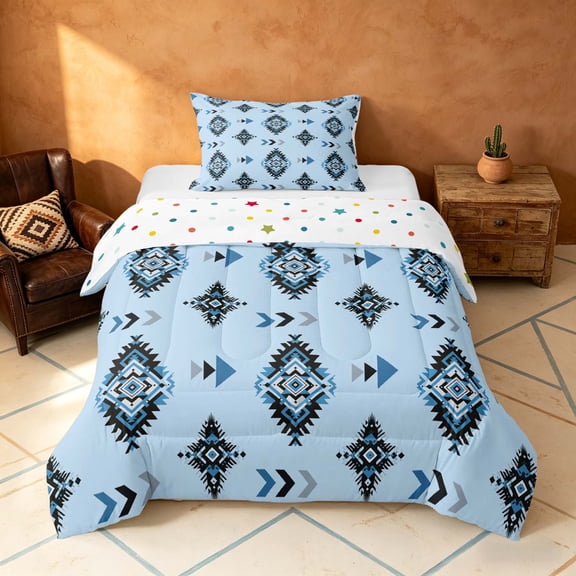 Manfei Boho Tribal Diamond Twin Comforter Sets, Aztec Arrow Bedding Set, Light Blue Black Gray, Polka Dots Reversible 2pcs, 1 Comforter and 1 Pillowcase