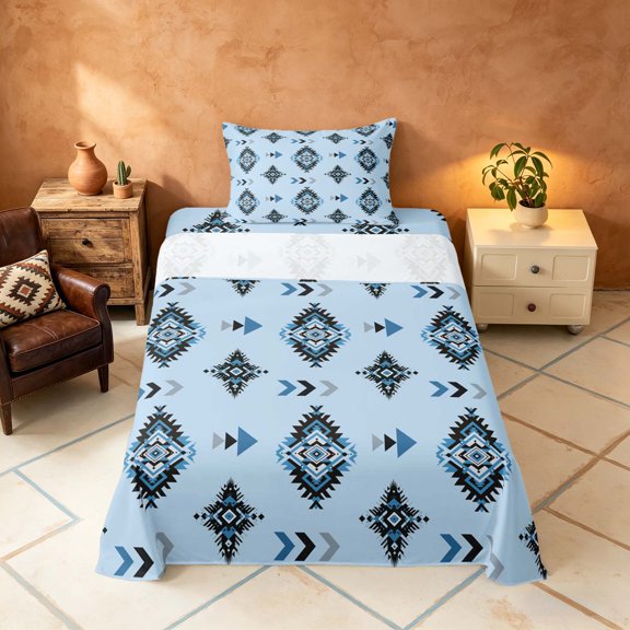 Manfei Boho Tribal Diamond Twin Sheets, Aztec Arrow Bedding, Light Blue Black Gray, Polka Dots Reversible 3pcs1 Flat Sheet + 1 Fitted Sheet + 1 Pillowcase