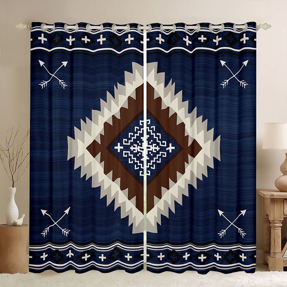 Manfei Boho Tribal Geometric Blackout Curtains Set of 2 (52x84 Each), Navy Blue Aztec Arrow Curtain, Navy Blue Brown