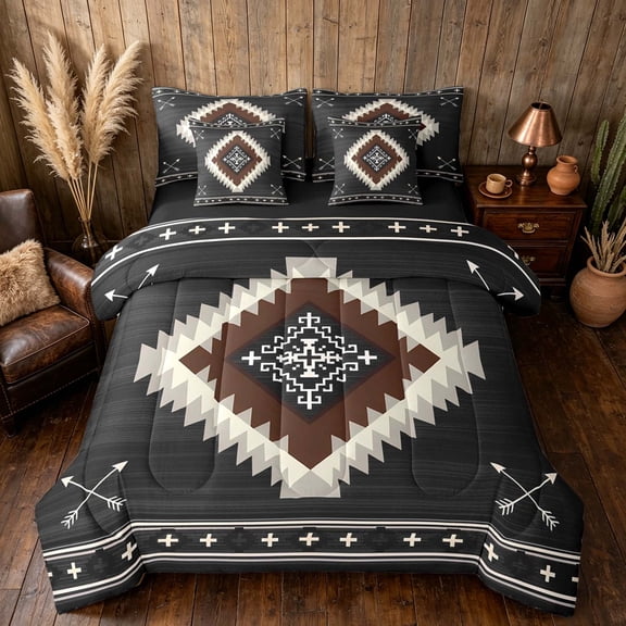 Manfei Boho Tribal Geometric Full Size Bedding Sets, Black Aztec Arrow Full Size Bed in a Bag, Black Brown, Black Reversible 7-Piece