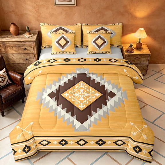 Manfei Boho Tribal Geometric Full Size Bedding Sets, Yellow Aztec Arrow Full Size Bed in a Bag, Yellow Brown, Gray Reversible 7-Piece