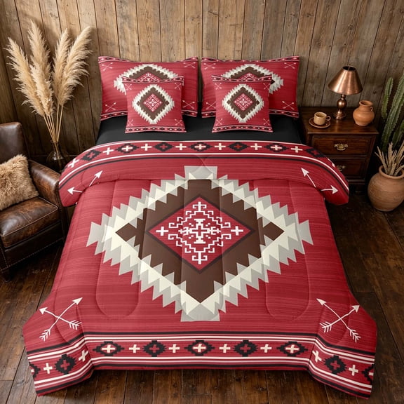 Manfei Boho Tribal Geometric Queen Bedding, Red Aztec Arrow Bedding Comforter Set Queen, Red Brown, Black Reversible 7pcs