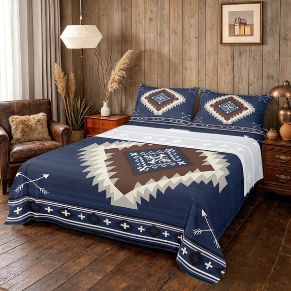 Manfei Boho Tribal Geometric Queen Sheets, Navy Blue Aztec Arrow Queen Sheet Sets, Navy Blue Brown, Navy Reversible 4-Piece1 Flat Sheet + 1 Fitted Sheet + 2 Pillowcases