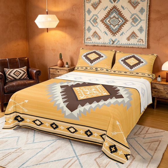 Manfei Boho Tribal Geometric Queen Sheets, Yellow Aztec Arrow Queen Sheet Sets, Yellow Brown, Gray Reversible 4 Pieces1 Flat Sheet + 1 Fitted Sheet + 2 Pillowcases