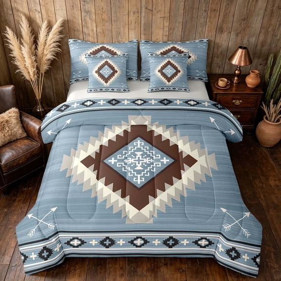 Manfei Boho Tribal Geometric Twin Bedding, Light Blue Aztec Arrow Bedding Comforter Set, Light Blue Brown, Gray Reversible 7pcs