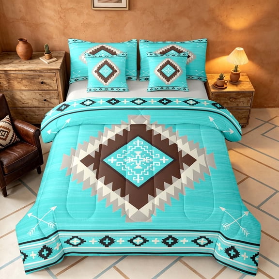 Manfei Boho Tribal Geometric Twin Bedding, Turquoise Aztec Arrow Bedding Comforter Set, Turquoise Brown, Gray Reversible 7 Pieces