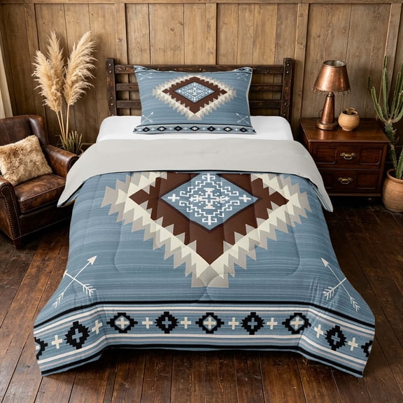 Manfei Boho Tribal Geometric Twin Comforter Sets, Light Blue Aztec Arrow Bedding Set, Light Blue Brown, Gray Reversible 2-Piece, 1 Comforter and 1 Pillowcase