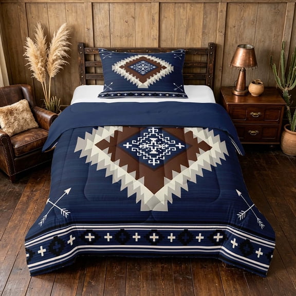 Manfei Boho Tribal Geometric Twin Comforter Sets, Navy Blue Aztec Arrow Bedding Set, Navy Blue Brown, Navy Reversible 2-Piece, 1 Comforter and 1 Pillowcase