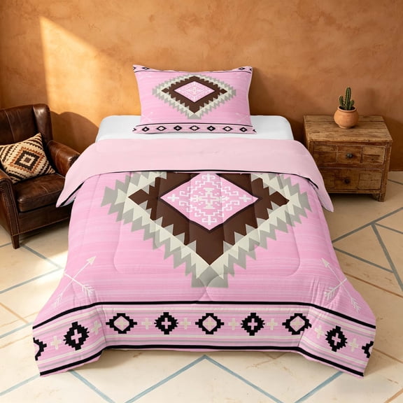 Manfei Boho Tribal Geometric Twin Comforter Sets, Pink Aztec Arrow Bedding Set, Pink Brown, Pink Reversible 2pcs, 1 Comforter and 1 Pillowcase
