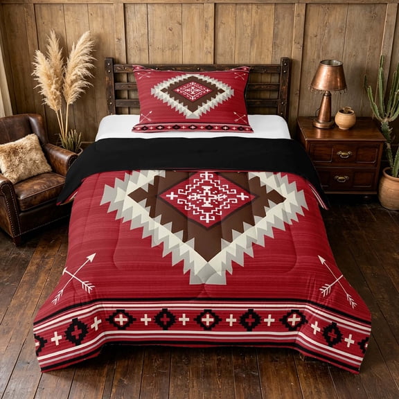 Manfei Boho Tribal Geometric Twin Comforter Sets, Red Aztec Arrow Bedding Set, Red Brown, Black Reversible 2-Piece, 1 Comforter and 1 Pillowcase