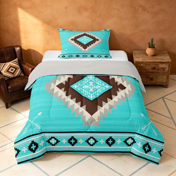 Manfei Boho Tribal Geometric Twin Comforter Sets, Turquoise Aztec Arrow Bedding Set, Turquoise Brown, Gray Reversible 2pcs, 1 Comforter and 1 Pillowcase