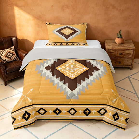 Manfei Boho Tribal Geometric Twin Comforter Sets, Yellow Aztec Arrow Bedding Set, Yellow Brown, Gray Reversible 2 Pieces, 1 Comforter and 1 Pillowcase
