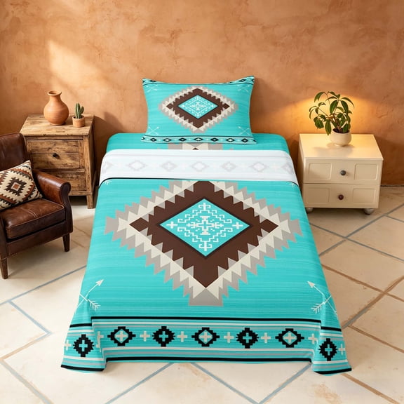 Manfei Boho Tribal Geometric Twin Sheets, Turquoise Aztec Arrow Bedding, Turquoise Brown, Gray Reversible 3pcs1 Flat Sheet + 1 Fitted Sheet + 1 Pillowcase
