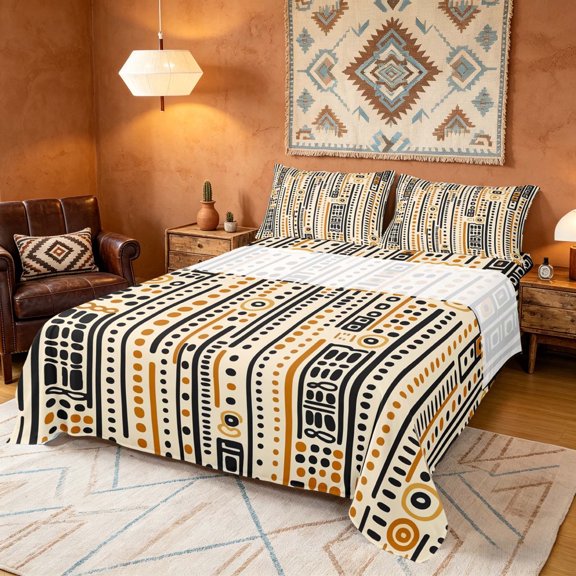 Manfei Boho Tribal Line Bed Sheets, Abstract Dot Fuul Size Sheets, Beige Black Brown, Reversible 4 Pieces1 Flat Sheet + 1 Fitted Sheet + 2 Pillowcases
