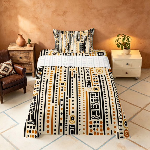 Manfei Boho Tribal Line Twin Sheets, Abstract Dot Bedding, Beige Black Brown, Reversible 3 Pieces1 Flat Sheet + 1 Fitted Sheet + 1 Pillowcase