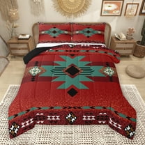 Manfei Boho Western Aztec Bedding Comforter Set for Adult, Red Teal Triangle Abstract Twin Comforter Sets, Rustic Farmhouse Reversible Bedding Set, Luxury Bedroom Decor, 2pcs