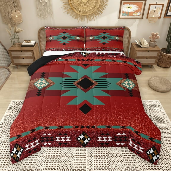 Manfei Boho Western Aztec Bedding Comforter Set for Adult, Red Teal Triangle Abstract Twin Comforter Sets, Rustic Farmhouse Reversible Bedding Set, Luxury Bedroom Decor, 2pcs
