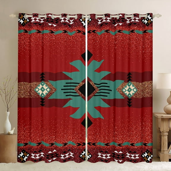 Manfei Boho Western Aztec Curtains Pack of 2 (42x84 Each) for Adult, Red Teal Triangle Abstract Curtains Blackout, Rustic Farmhouse Bedroom Curtains, Window Curtains Decor