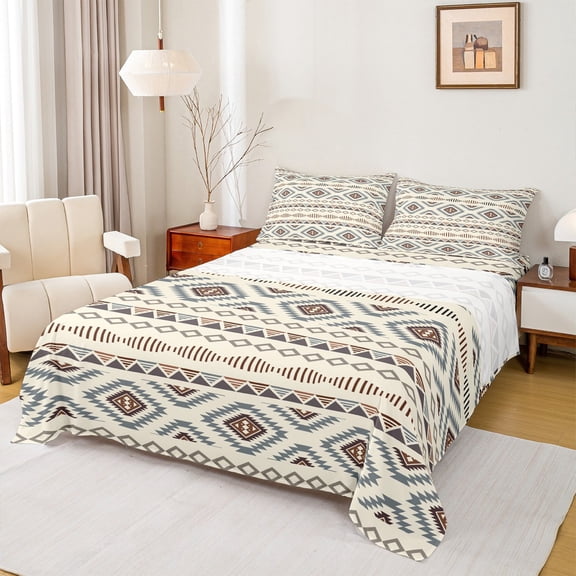 Manfei Boho Western Aztec Twin Sheet Sets for Adult, Corn Silk Triangle Abstract Twin Fitted Sheet, Rustic Farmhouse Flat Sheet, Microfiber Bedroom Decor, 3pcs
