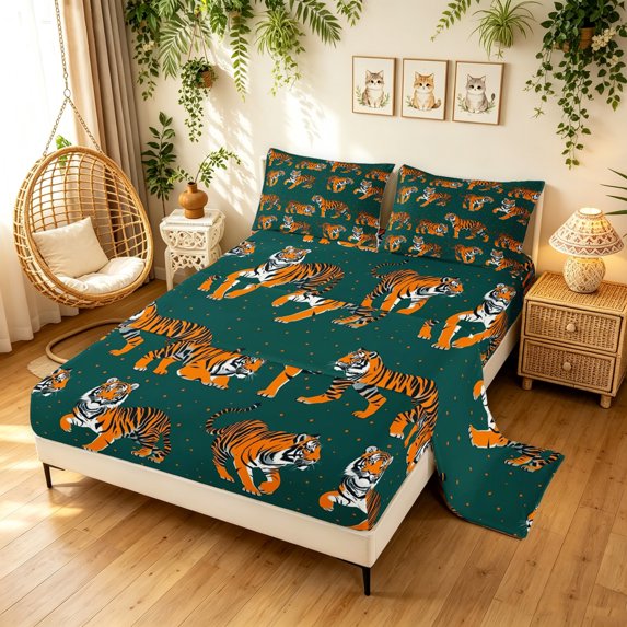 Manfei Boho Western Tiger Bed Sheets, Cartoon Animal Full Size Sheets, Teal Brown, 4pcs, 1 Flat Sheet, 1 Fitted Sheet and 2 Pillowcases