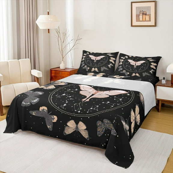 Feelyou Bohomian Butterfly Queen Sheet Sets, Mystic Constellation Flat Sheet, Hippie Animal Queen Fitted Sheet, Microfiber Room Decorative, 4pcs