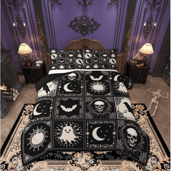 Feelyou Bohomian Damask Full Size Comforter Sets, Gothic Halloween Bedding Comforter Set, Hippie Moon Sun Bedding Sets, Breathable Bedroom Decoration, 3-Piece