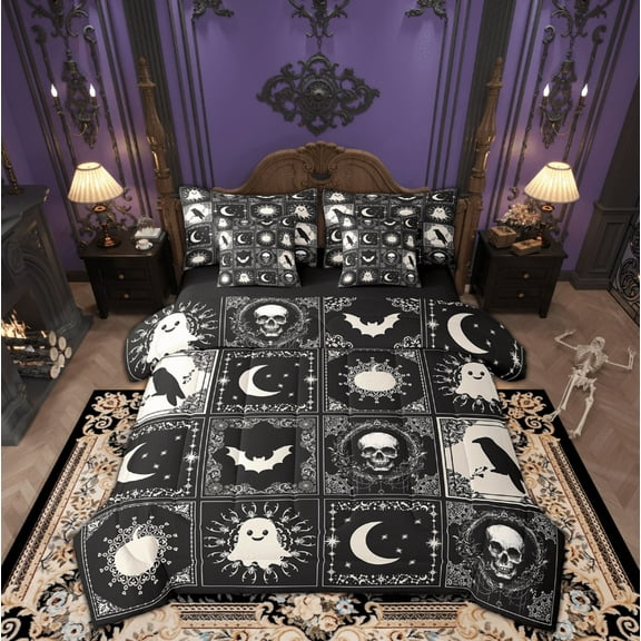 Feelyou Bohomian Damask Twin Bedding Sets 7-Piece, Gothic Halloween Bedding Comforter Set, Hippie Moon Sun Sheet Sets, Breathable Bedroom Decoration
