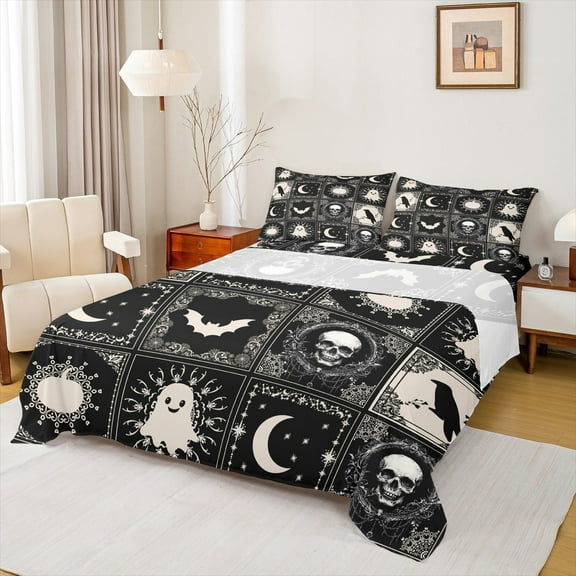 Feelyou Bohomian Damask Twin Sheet Sets, Gothic Halloween Twin Fitted Sheet, Hippie Moon Sun Flat Sheet, Breathable Bedroom Decoration, 3-Piece