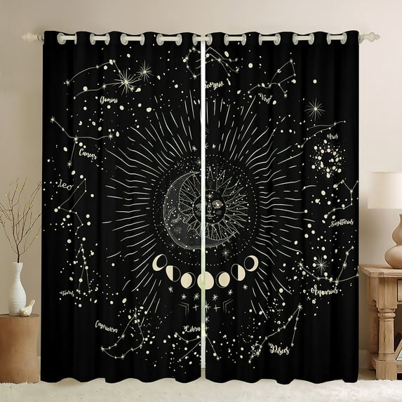 Manfei Bohomian Sun Moon Black Out Curtains, Mystic Astrology Curtains Pack of 2 (42x63 Each), Black Gold Bedroom Curtains, Window Curtains Room Decorative
