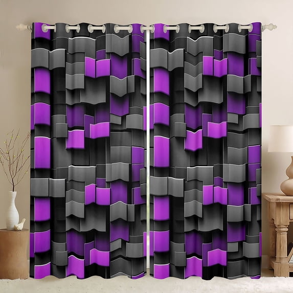 Manfei Bold 3D Block Kitchen Curtains, Geometric Black Out Curtains Pack of 2 (42x63 Each), Gray Purple