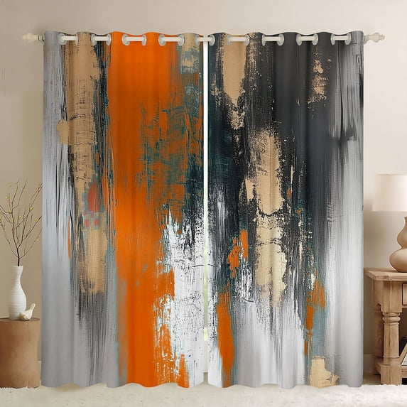 Manfei Bold Abstract Art Kitchen Curtains, Orange Black Gold Ombre Black Out Curtains Pack of 2 (42x63 Each)