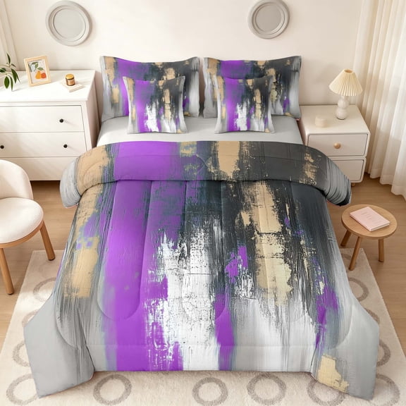Manfei Bold Abstract Art Twin Bedding, Purple Black Gold Ombre Bedding Comforter Set, Gray Reversible 7-Piece