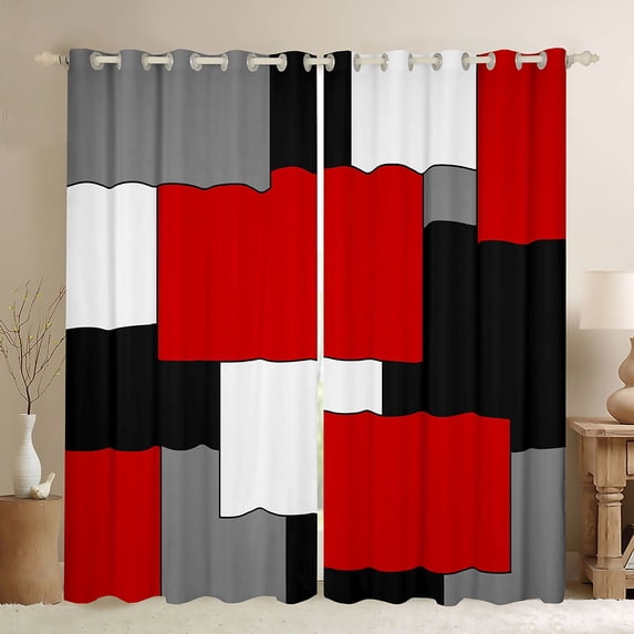 Manfei Bold Red Geometric Kitchen Curtains, Abstract Buffalo Black Out Curtains Pack of 2 (42x63 Each), Black White Red Gray