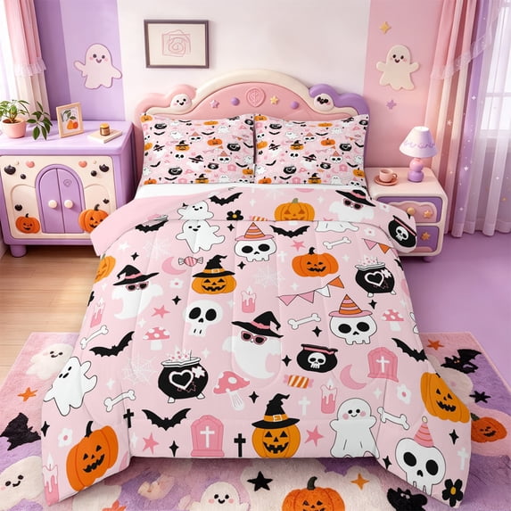 Manfei Boo Ghost Print Full Size Comforter Sets,Halloween Bat Witch Bedding Comforter Set,Pink Reversible,3-Piece,1 Comforter and 2 Pillowcases