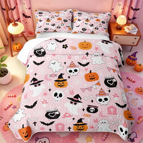 Manfei Boo Ghost Print Quilt Full,Halloween Bat Witch Full Bedspread Sets,3 Pieces,1 Coverlet and 2 Pillowcases