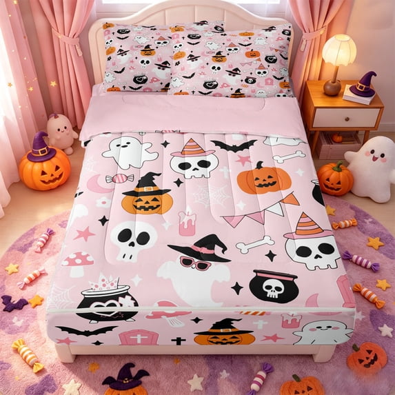 Manfei Boo Ghost Print Zipper Twin Comforter Sets with Fitted Sheet and 2 Pillowcases,Halloween Bat Witch Zipper Bedding Set,Pink Reversible,4-Piece